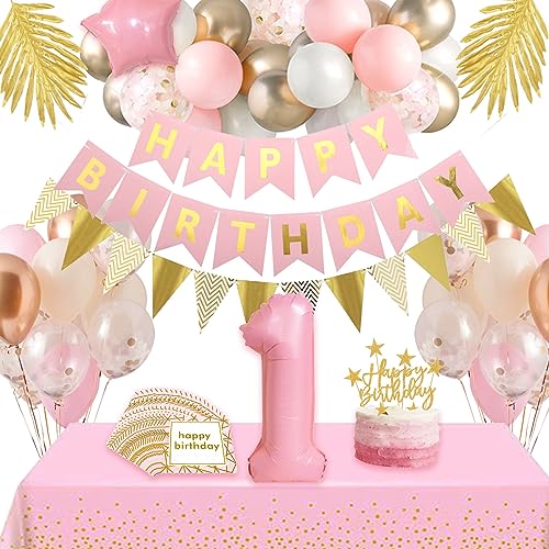 Geburtstagsdeko Mädchen 1 Geburtstag Deko Rosa Tischdecke Servietten HAPPY BIRTHDAY Banner Zahl 1 Folie Ballon Luftballons 1. Geburtstag Gold Wimpelkette Tortendeko für 1 Jahr Geburtstag Mädchen von YiiiGoood