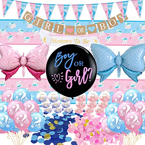 Gender Reveal Party Deko Set Boy or Girl Tischdecke Geschlecht Offenbaren Ballon mit Konfetti Luftballons Set Rosa Blau Schleife Folienballons Wimpelkette Mädchen oder Junge Babyparty Dekoration von YiiiGoood