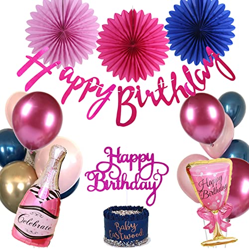 Happy Birthday Girlande Pink Luftballons Dunkelblau Papier Fächer Fuchsie Tortendeko Rosa Folienballon Geburtstag Party Deko Geburtstagsdeko Frauen Mädchen von YiiiGoood