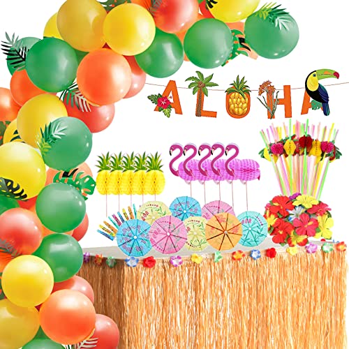 Hawaii Deko Tiki Bar Luftballons Tischdeko Aloha Banner, Flamingo Ananas Cupcake Deko, Palmenblätter, Früchte Strohhalme, Hawaii Party Deko von YiiiGoood