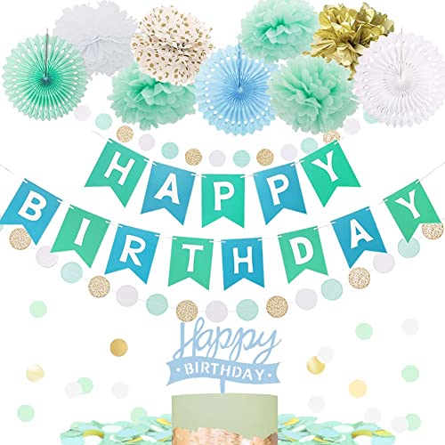 Mint Geburtstag Deko Seidenpapier Pompons Mintgrün HAPPY BIRTHDAY Banner Tortendeko Hellblau Papier Fächer Circle Girlande Gold Konfetii Türkis Kindergeburtstag Geburtstagsdeko Grün von YiiiGoood