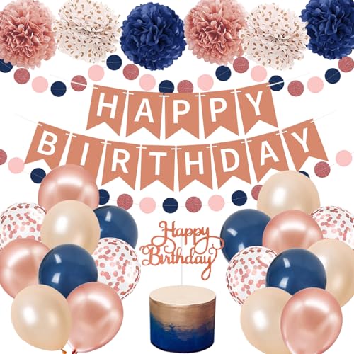 Navy Blau Geburtstag Deko Rosegold HAPPY BIRTHDAY Banner Dunkelblau Seidenpapier Pompoms Runde Circle Girlande Luftballons Roségold Konfetti Ballons Geburtstagsdeko von YiiiGoood