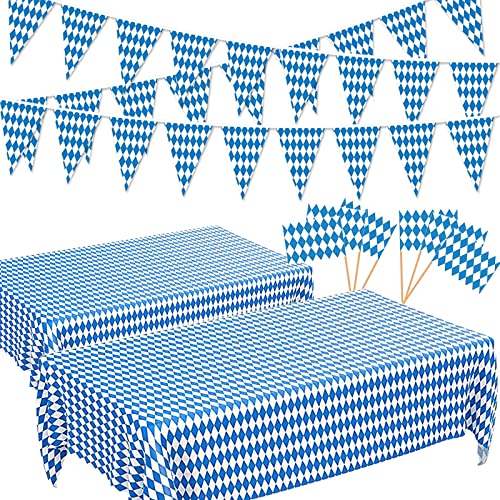 Oktoberfest Tischdecke 44 STK. Bayerische Deko Bayrische Flagge Zahnstocher Flaggen Wimpelkette Kuchendeko Tischdecke für Außenbereich Bayernraute Blau Weiß (128 x 275cm) von YiiiGoood