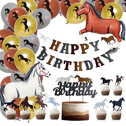 Pferde Geburtstagsdeko HAPPY BIRTHDAY Girlande Luftballons, 2 Stück Folienballon Pferde Weiß Braun, Geburtstag Cupcake Deko, Rennpferd Banner, Pferdeparty Deko für Kindergeburtstag Jungen von YiiiGoood