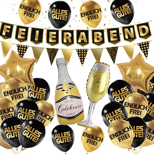 Rente Deko Feierabend Girlande Endlich Ruhestand Deko Banner Alles Gute Spiralen Luftballons Folie Ballons Schwarz Gold Dekoration für Rentner Rentnerin von YiiiGoood