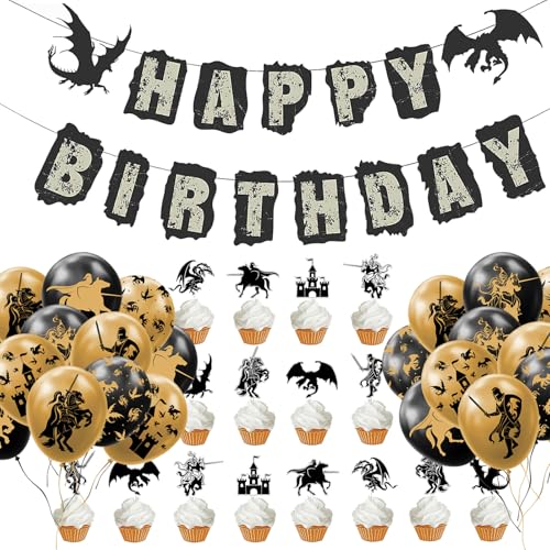 Ritter und Drachen Geburtstag Deko Drache Latex Luftballons HAPPY BIRTHDAY Banner Dragons Kuchendeko 49-teilig Kindergeburtstag Dekoration Set Kreuzritter Mittelalter Mottoparty Ballon Schwarz Gold von YiiiGoood