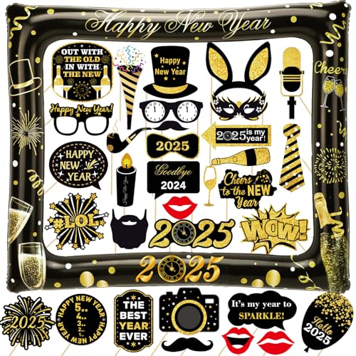 Silvester Deko 2026 aufblasbar Fotorahmen 32 STK. Foto Requisiten Neujahr Party Silvesternacht Foto Accessoires Glitzer Gold Schwarz Happy New Year 2026 Deko von YiiiGoood