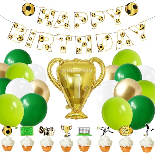 Fussball Deko Geburtstag Kinder Kindergeburtstag Junge Fussball Party Geburtstagsdeko Jungen HAPPY BIRTHDAY Girlande Grün Luftballons Champions Kuchendeko Fußball Geburtstag Accessoires von YiiiGoood