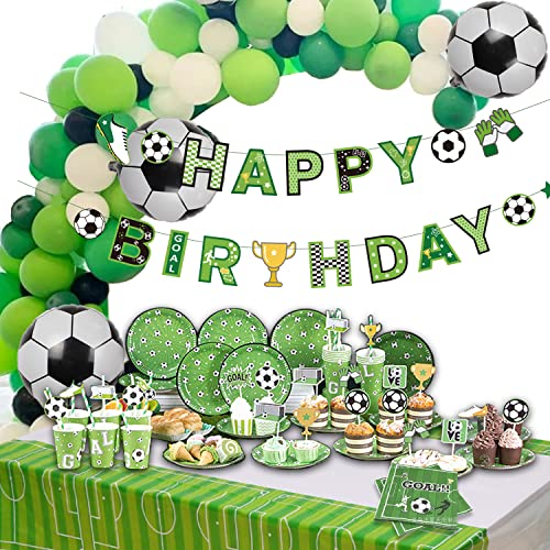 Fussball Geburtstagsdeko Jungen Fußball Zubehör mit Tischdecke, Serviette, Happy Birthday Girlande Luftballons Football Kuchendeko Fussball Geburtstag Deko für Kindergeburtstag Junge von YiiiGoood