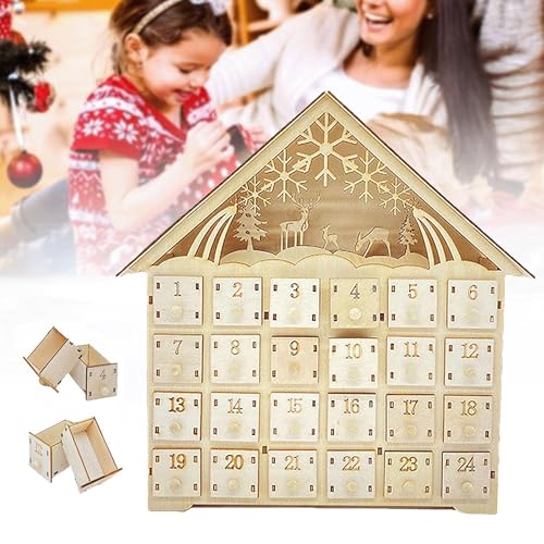 Adventskalender aus Holz mit LED-Lichtern, 24 Schubladen zum Befüllen, 2025 DIY Adventskalender, Weihnachtsdekoration aus Holz, Adventskalender zum selbst Befüllen für Kinder (A) von Yiijode