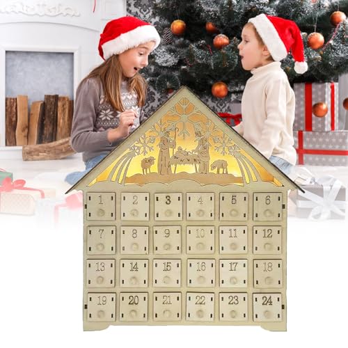 Adventskalender aus Holz mit LED-Lichtern, 24 Schubladen zum Befüllen, 2025 DIY Adventskalender, Weihnachtsdekoration aus Holz, Adventskalender zum selbst Befüllen für Kinder (B) von Yiijode