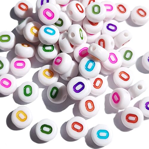 Yiizzxin Bunte Acryl-Buchstaben-O-Perlen, 4 x 7 mm, rund, flach, mehrfarbig, Buchstabe O, weißer Hintergrund, gemischte Farben, Alphabet-Perlen O für Armbänder, 200 Stück von Yiizzxin