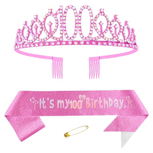 100. Geburtstags Krone und Schärpe für Damen Kristall Queen Tiara Princess Crown Rosa Birthday Schärpe 100th Geburtstagskrone Frau Geburtstagsschärpe Frauen Geburtstag Dekoration Geburtstagsgeschenk von Yijunmca