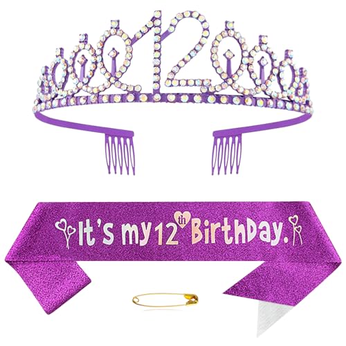 12. Geburtstags Krone und Schärpe für Mädchen Kristall Queen Tiara Princess Crown Lila 12th Birthday Schärpe 12th Geburtstagskrone Geburtstagsschärpe Girls Geburtstag Dekoration Geburtstagsgeschenk von Yijunmca