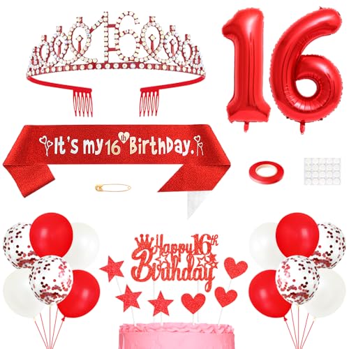 16. Geburtstag Dekoration Mädchen Geburtstags Königin Tiara Prinzessin Kronen 16th Geburtstag Schärpe 16 Jahre Alte Birthday Kuchendeko Zahl Ballons Set für Girls Geburtstagsparty Dekor, Rot 16. Geburtstag Dekoration Mädchen Geburtstags Königin Tiara Prinzessin Kronen 16th Geburtstag Schärpe 16 Jahre Alte Birthday Kuchendeko Zahl Ballons Set für Girls Geburtstagsparty Dekor, Rot von Yijunmca
