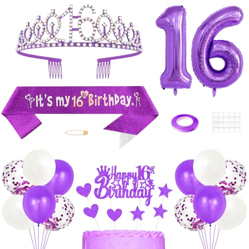 16. Geburtstag Dekoration Mädchen Königin Tiara Prinzessin Kronen 16th Geburtstag Schärpe 16 Jahre Alte Birthday Kuchendeko Zahl Ballons Set für Girls Party Dekor, Lila 16. Geburtstag Dekoration Mädchen Königin Tiara Prinzessin Kronen 16th Geburtstag Schärpe 16 Jahre Alte Birthday Kuchendeko Zahl Ballons Set für Girls Party Dekor, Lila von Yijunmca