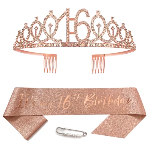 16. Geburtstags Krone und Schärpe für Mädchen Kristall Queen Tiara Princess Crown Roségold 16th Birthday Schärpe 16 Geburtstagskrone Geburtstagsschärpe Girls Geburtstag Dekoration Geburtstagsgeschenk von Yijunmca