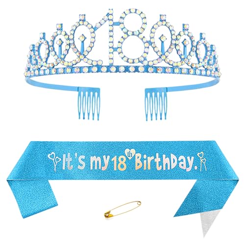 18. Geburtstags Krone und Schärpe für Mädchen Kristall Queen Tiara Princess Crown Blau 18th Birthday Schärpe 18th Geburtstagskrone Geburtstagsschärpe Girls Geburtstag Dekoration Geburtstagsgeschenk von Yijunmca