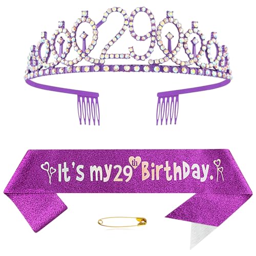 29. Geburtstags Krone und Schärpe für Mädchen Damen Kristall Queen Tiara Princess Crown Lila Birthday Schärpe 29th Geburtstagskrone Geburtstagsschärpe Girls Geburtstag Dekoration Geburtstagsgeschenk von Yijunmca