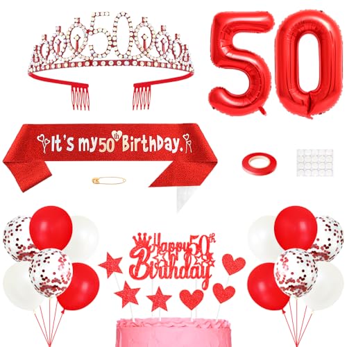 50. Geburtstag Dekoration Mädchen Geburtstags Königin Tiara Prinzessin Kronen 50th Geburtstag Schärpe 50 Jahre Alte Birthday Kuchendeko Zahl Ballons Set für Girls Geburtstagsparty Dekor, Rot 50. Geburtstag Dekoration Mädchen Geburtstags Königin Tiara Prinzessin Kronen 50th Geburtstag Schärpe 50 Jahre Alte Birthday Kuchendeko Zahl Ballons Set für Girls Geburtstagsparty Dekor, Rot von Yijunmca