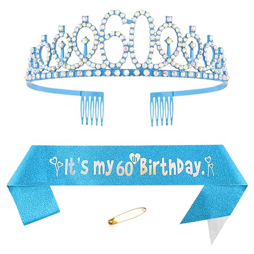 60. Geburtstags Krone und Schärpe für Damen Kristall Queen Tiara Princess Crown Blau Birthday Schärpe 60th Geburtstagskrone Frau Geburtstagsschärpe Frauen Geburtstag Dekoration Geburtstagsgeschenk von Yijunmca