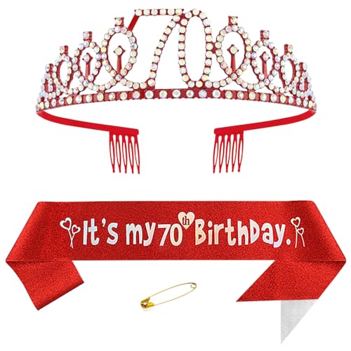 70. Geburtstags Krone und Schärpe für Damen Kristall Queen Tiara Princess Crown Rot Birthday Schärpe 70th Geburtstagskrone Frau Geburtstagsschärpe Frauen Geburtstag Dekoration Geburtstagsgeschenk von Yijunmca