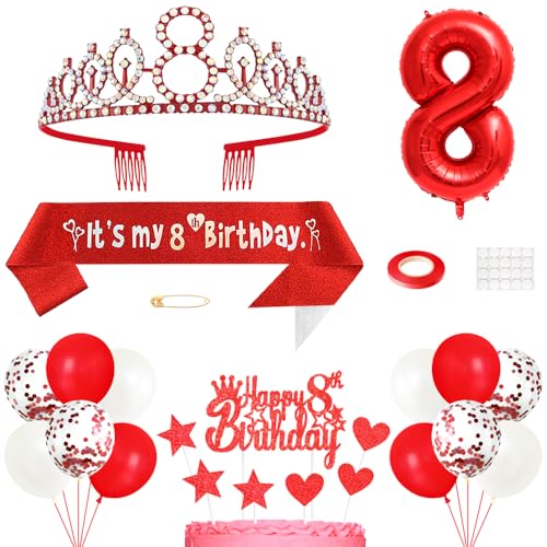 8. Geburtstag Dekoration Mädchen Geburtstags Königin Tiara Prinzessin Kronen 8th Geburtstag Schärpe 8 Jahre Alte Birthday Kuchendeko Zahl Ballons Set für Girls Geburtstagsparty Dekor, Rot 8. Geburtstag Dekoration Mädchen Geburtstags Königin Tiara Prinzessin Kronen 8th Geburtstag Schärpe 8 Jahre Alte Birthday Kuchendeko Zahl Ballons Set für Girls Geburtstagsparty Dekor, Rot von Yijunmca