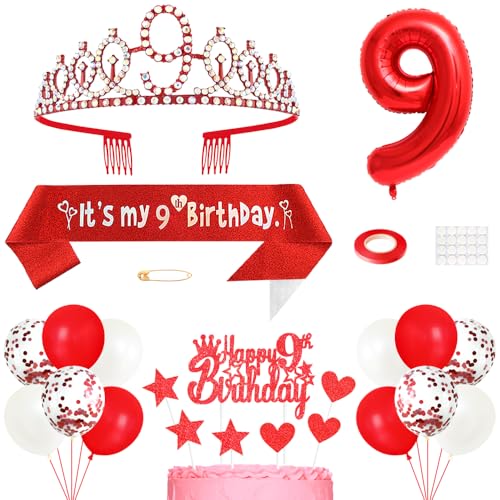 9. Geburtstag Dekoration Mädchen Geburtstags Königin Tiara Prinzessin Kronen 9th Geburtstag Schärpe 9 Jahre Alte Birthday Kuchendeko Zahl Ballons Set für Girls Geburtstagsparty Dekor, Rot 9. Geburtstag Dekoration Mädchen Geburtstags Königin Tiara Prinzessin Kronen 9th Geburtstag Schärpe 9 Jahre Alte Birthday Kuchendeko Zahl Ballons Set für Girls Geburtstagsparty Dekor, Rot von Yijunmca
