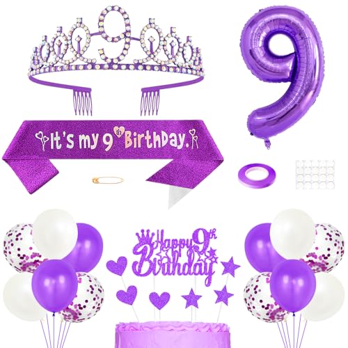 9. Geburtstag Dekoration Mädchen Königin Tiara Prinzessin Kronen 9th Geburtstag Schärpe 9 Jahre Alte Birthday Kuchendeko Zahl Ballons Set für Girls Party Dekor, Lila 9. Geburtstag Dekoration Mädchen Königin Tiara Prinzessin Kronen 9th Geburtstag Schärpe 9 Jahre Alte Birthday Kuchendeko Zahl Ballons Set für Girls Party Dekor, Lila von Yijunmca