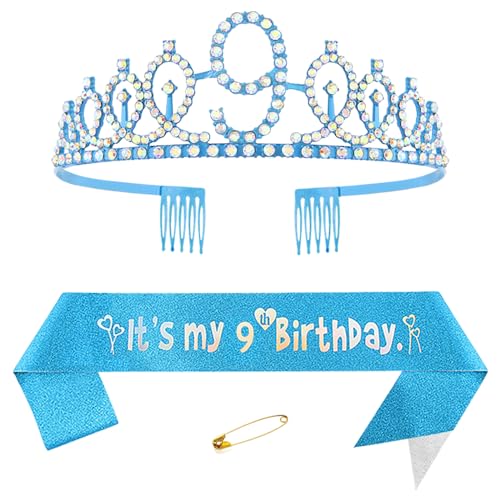 9. Geburtstags Krone und Schärpe für Mädchen Kristall Queen Tiara Princess Crown Blau 9th Birthday Schärpe 9th Geburtstagskrone Geburtstagsschärpe für Girls Geburtstag Dekoration Geburtstagsgeschenk von Yijunmca