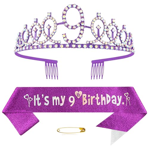 9. Geburtstags Krone und Schärpe für Mädchen Kristall Queen Tiara Princess Crown Lila 9th Birthday Schärpe 9th Geburtstagskrone Geburtstagsschärpe für Girls Geburtstag Dekoration Geburtstagsgeschenk von Yijunmca