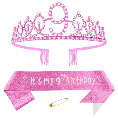 9. Geburtstags Krone und Schärpe für Mädchen Kristall Queen Tiara Princess Crown Rosa 9th Birthday Schärpe 9th Geburtstagskrone Geburtstagsschärpe für Girls Geburtstag Dekoration Geburtstagsgeschenk von Yijunmca