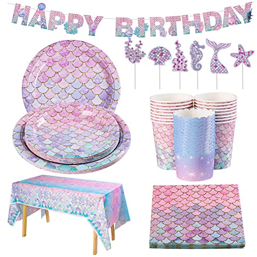 100 Stück Meerjungfrau Geburtstag Deko Meerjungfrau Partygeschirr Set Meerjungfrau Party Teller Becher Servietten Tischdecke Banner Tortendeko Meerjungfrau Deko Kindergeburtstag（16 Gäste） von Yilakla
