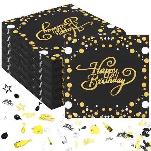 100 Stück Servietten Happy Birthday, 33x33cm Schwarz Gold Servietten Geburtstag und Geburtstag Deko Konfetti,Schwarz Folierte Geburtstagsservietten Tischdeko für Junge Mädchen Geburtstag Party Deko von YiliYa