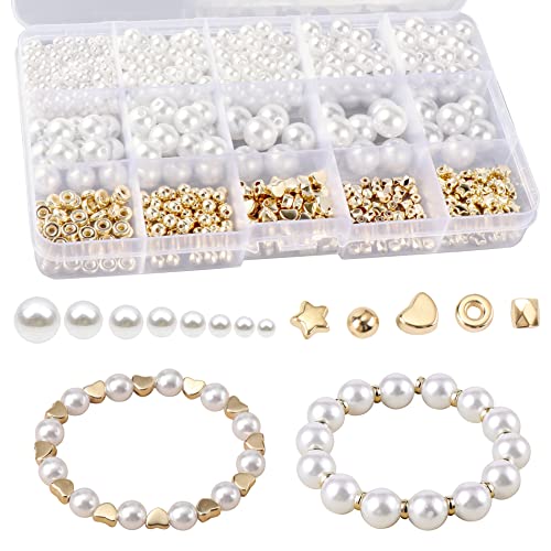 720 Stück Perlen zum Auffädeln, Runde Schmuckperlen, Weiße Kunstperlen, Distanzperlen, Gold Abstandsperlen, Lose Perlen für Halsketten Armbänder（4/6/8/10/12 mm） von YiliYa