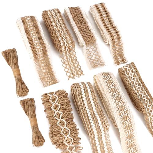 Juteband mit Spitze, 8 Rollen Sackleinen Band Vintage Geschenkband Breit Jute Spitze, mit 2 Stück 20m Juteseil, Leinwand-Spitzenband mit Weißer Bordüre Stoff für Weihnachten/Party/Geschenkdekoration von YiliYa