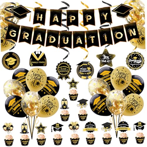 Abschlussdekorationen Klasse von 2024 1 Set Schwarz Gold Klasse von 2024 Dekorationen mit Banner Wirbel Luftballons Topper Karten Abschlussdekoration für das High School College von Yililay