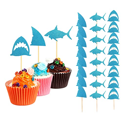 Haifischkuchen Topper Glitzer Haifisch Flossen Cupcake Picks Pool Party Lieferungen Babyparty Geburtstagsdekorationen Blau 24pcs von Yililay