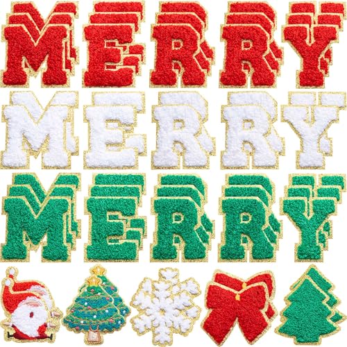 Yilloog 50 Stück selbstklebende Chenille-Buchstaben-Aufnäher, rot, grün, Weihnachtsbaum, Weihnachtsmann, Süßigkeiten, adretter Aufkleber, Chenille, Merry Sew on Patches für Jacken, Jeans von Yilloog
