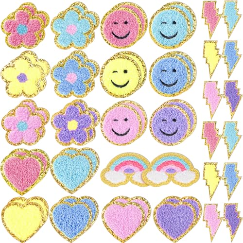Yilloog Selbstklebende Chenille-Patches mit Pfotenabdruck, Smiley-Gesicht, Herz, Adrett-Aufkleber, Chenille, Regenbogenfarben, zum Aufnähen für Jacken, Jeans (mehrere Stile, Pastellfarben) von Yilloog