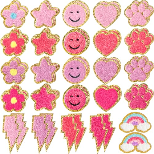 Yilloog Selbstklebende Chenille-Patches mit Pfotenabdruck, Smiley-Gesicht, Herz, Adrett-Aufkleber, Chenille, Regenbogenfarben, zum Aufnähen für Jacken, Jeans (niedlicher Stil, Hot Pink), 50 Stück von Yilloog