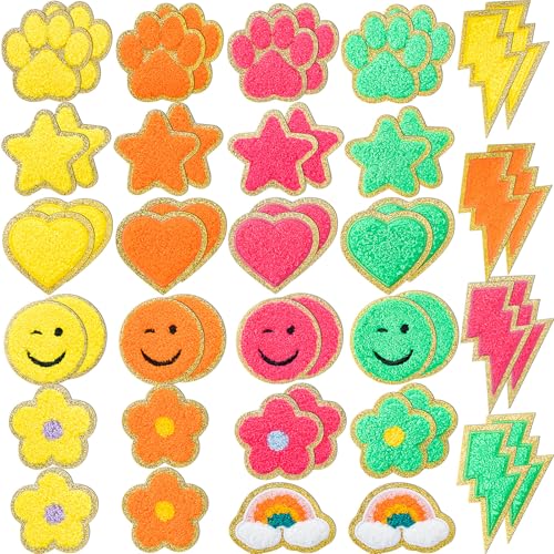 Yilloog Selbstklebende Chenille-Patches mit Pfotenabdruck, Smiley-Gesicht, Herz, Adrett-Aufkleber, Chenille, Regenbogenfarben, zum Aufnähen für Jacken, Jeans (niedlicher Stil, Neonfarbe), 50 Stück von Yilloog