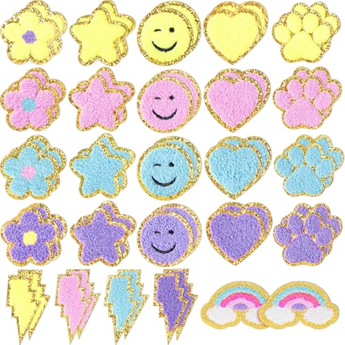 Yilloog Selbstklebende Chenille-Patches mit Pfotenabdruck, Smiley-Gesicht, Herz, Adrett-Aufkleber, Chenille, Regenbogenfarben, zum Aufnähen für Jacken, Jeans (niedlicher Stil, Pastellfarbe), 50 Stück von Yilloog