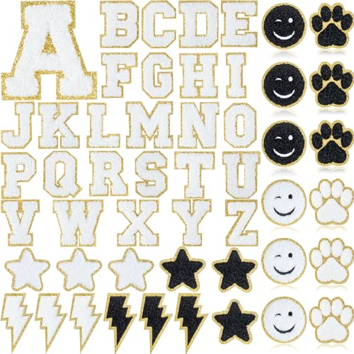 Yilloog Selbstklebende Chenille-Patches mit Pfotenabdruck, Smiley-Gesicht, Herz, Adrett-Aufkleber, Chenille, Regenbogenfarben, zum Aufnähen für Jacken, Jeans (schöner Stil, Schwarz und Weiß), 50 Stück von Yilloog