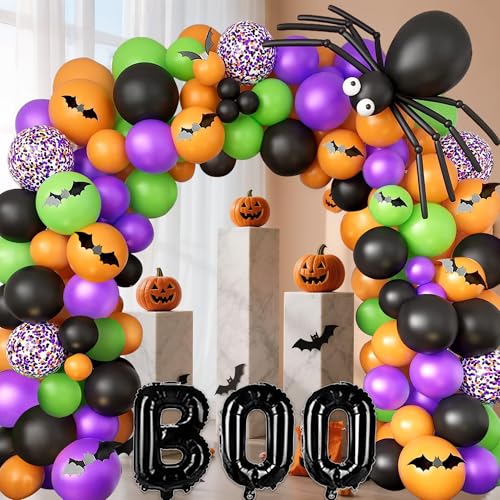 Yilnlg Halloween Ballon Bogen Girlande Kit, Schwarz Orange Grün Lila Ballon Girlande, Halloween Ballon mit 3D Fledermaus Aufklebern, Luftballons für Party Dekorationen von Yilnlg