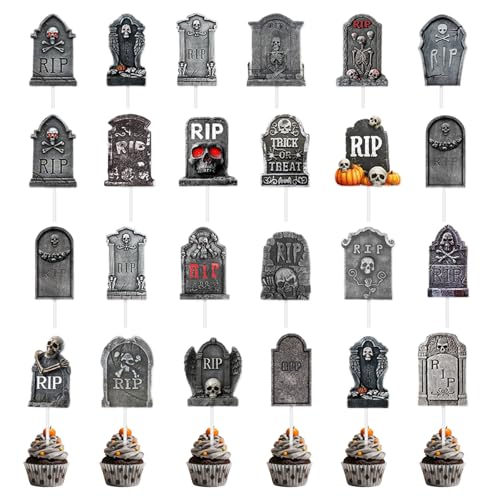 Yilnlg Halloween-Cupcake-Topper, Grabstein-Cupcake-Topper, schreckliche Grabstein-Skelett-Cupcake-Picks, gruselige Grabsteine-Kuchenaufsatz für Happy Halloween Mottoparty, 48 Stück von Yilnlg