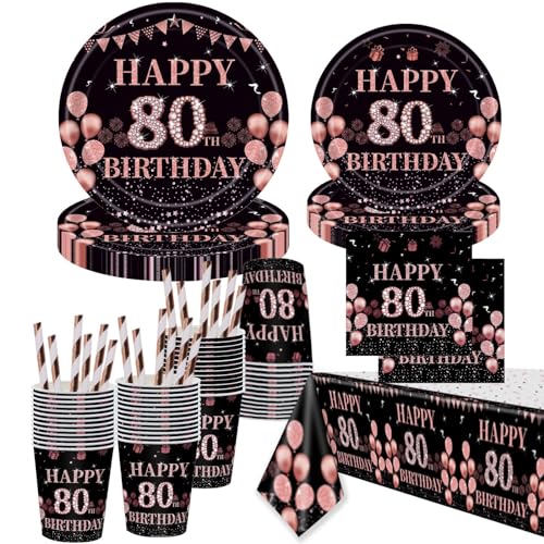 Partyzubehör zum 80. Geburtstag, Einweggeschirr-Set, Partyteller, 22,9 cm, 17,8 cm, Pappteller, Servietten, Tassen, Strohhalme, Tischdecke für 80. Geburtstag, Party-Dekoration, dient 16 Gästen von YimaiX