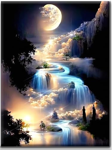 Yiminu.DS Diamond Painting Erwachsene, Diamant Painting Bilder Blumen 30x40cm 5D Diamond-Painting Diamant Painting Bastelset BastelnWanddeko, Landschaft Wasserfall Mond von Yiminu.DS