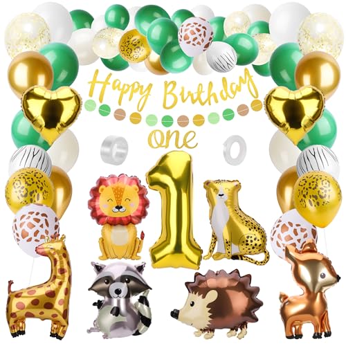 Yimomoyi Wild One Geburtstag Deko, Geburtstagsdeko 1 Jahr mit 6 Folienballon Waldtiere, Deko 1. Geburtstag Junge Mädchen, Grüne Dschungel Safari Luftballons für Kindergeburtstag (59er Set) von Yimomoyi
