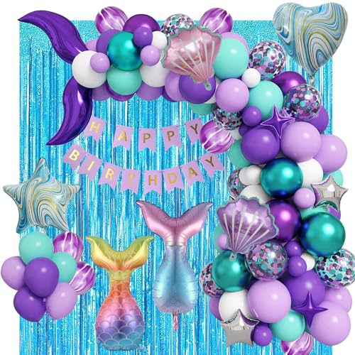 YinQin 152 Stück Meerjungfrau Geburtstag Luftballons Dekoration Alles Gute zum Geburtstag Ballons Set Blaue Flash Folie Quaste Vorhang Meerjungfrau Mädchen Geburtstag Party Zubehör (Blau Lila) von YinQin